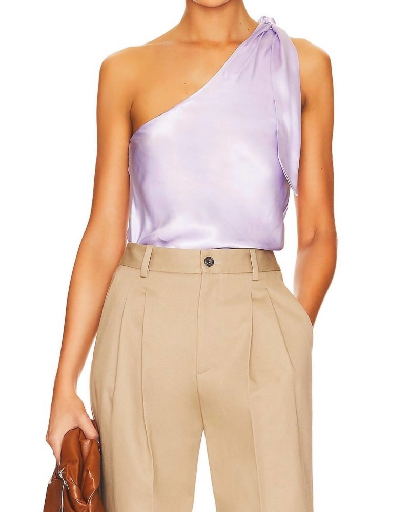 Front of a model wearing a size l Isabelle Solid Top in Lavender in Lavender by Karina Grimaldi. | dia_product_style_image_id:333765